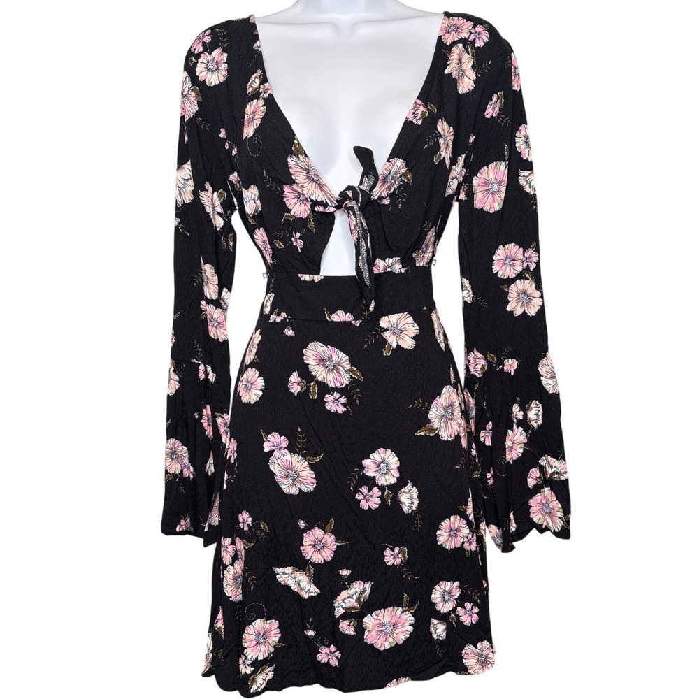 Y2K Rue 21 Black Floral Print Long Sleeveโ Mini Dress Size L Whimsigoth Fairy